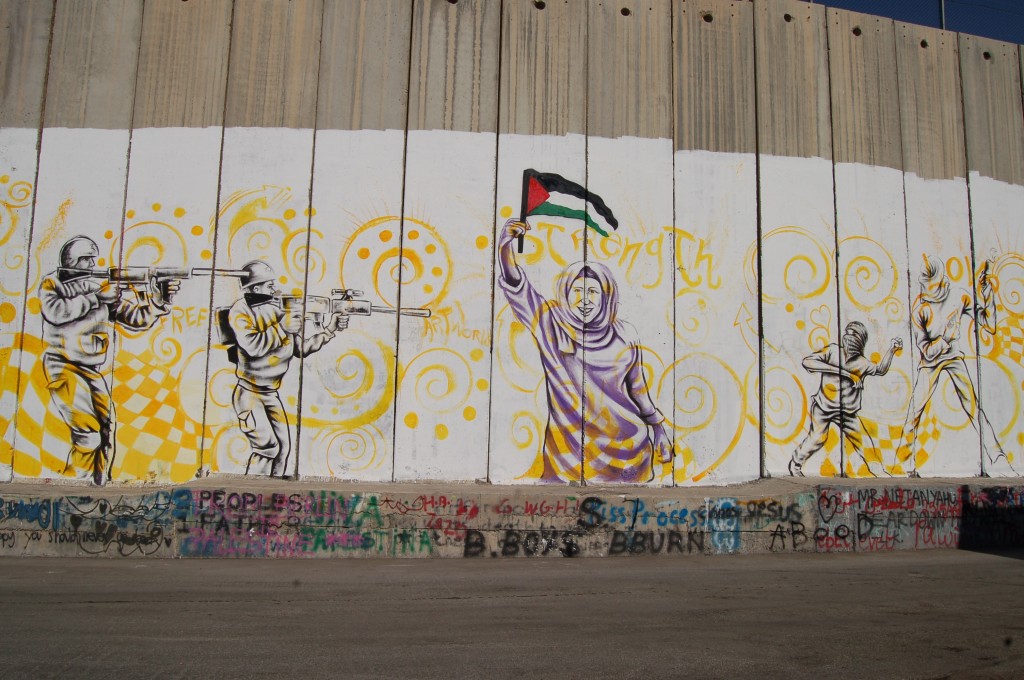 The larger sections of the wall (predominantly on the Palestinian side) are covered in murals and graffiti. Commissioned work by famous artists, local messages of resistance, and international messages of solidarity all cover the wall. Some of the most famous murals (although not this one) were painted by the British artist Banksy. 