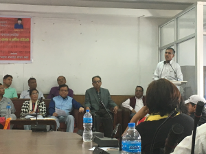 Mr. Eak Raz Bhandari; lawyer and father to Bipin Bhandari gives opening remarks.
